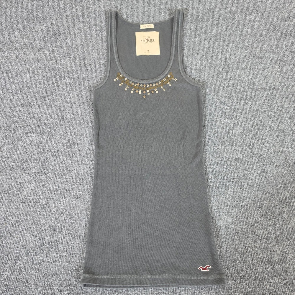 2000s Hollister Womens Gray So Cal Stretch Ribbed Tank Top Beaded Neckline Sz M